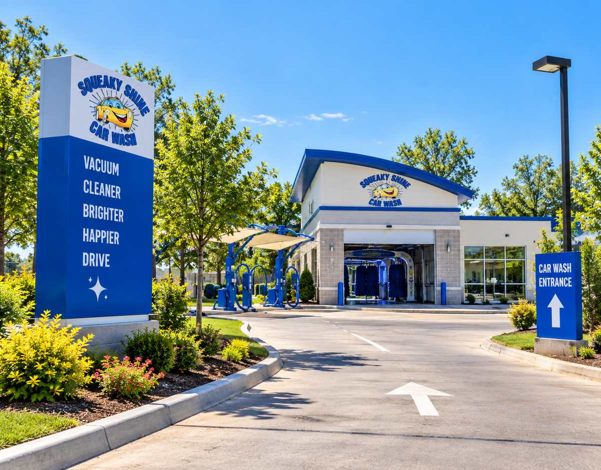 Entrance drive with the Squeaky Shine sign, vacuum canopies, and entrance arrow