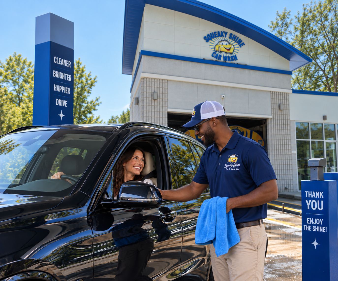 Team member hands a towel to a smiling driver at the Squeaky Shine exit