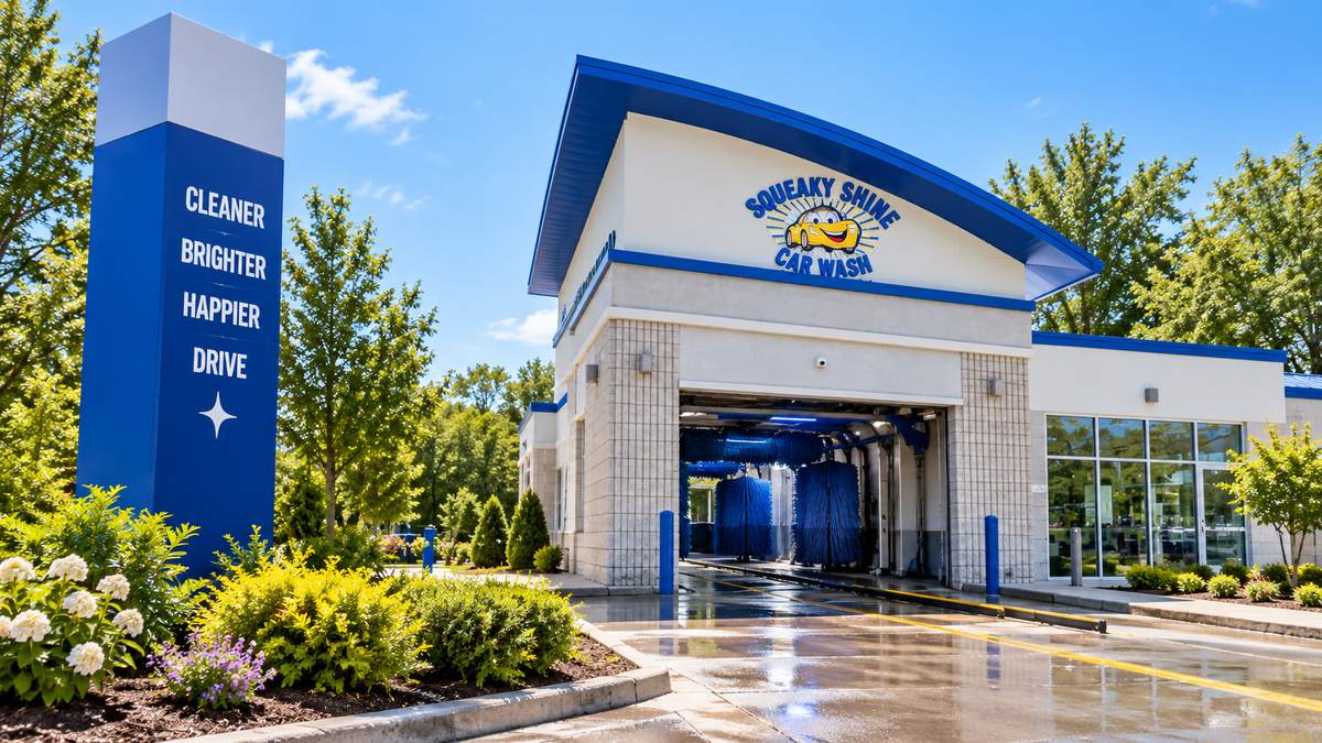 Squeaky Shine Car Wash building and tunnel entrance on a sunny day