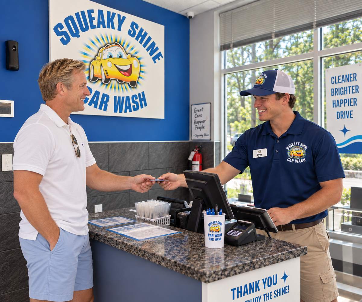 Team member hands a membership card to a customer at the front desk