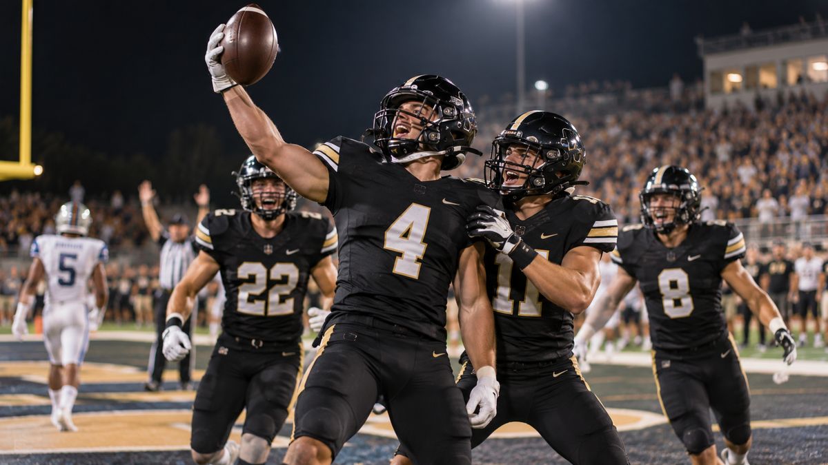 Football players celebrating a touchdown under stadium lights