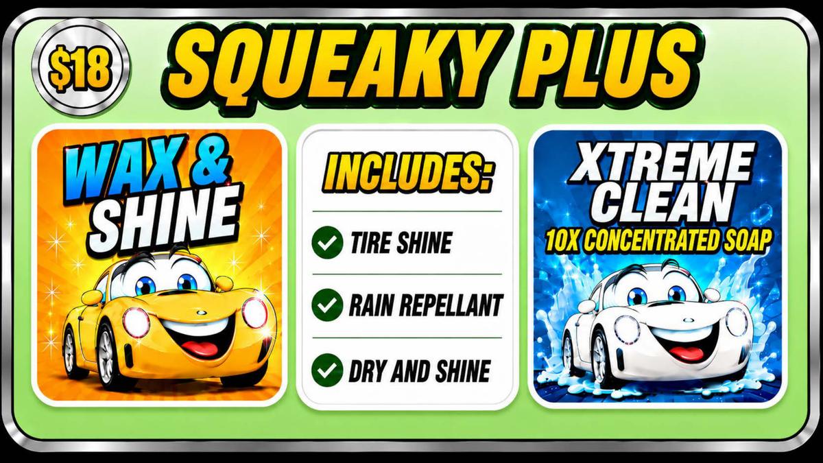 Squeaky Plus wash menu board, $18 per wash