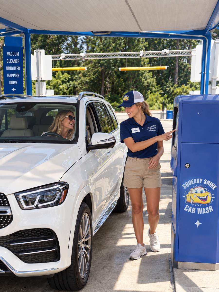 Team member helps a smiling driver at the pay station